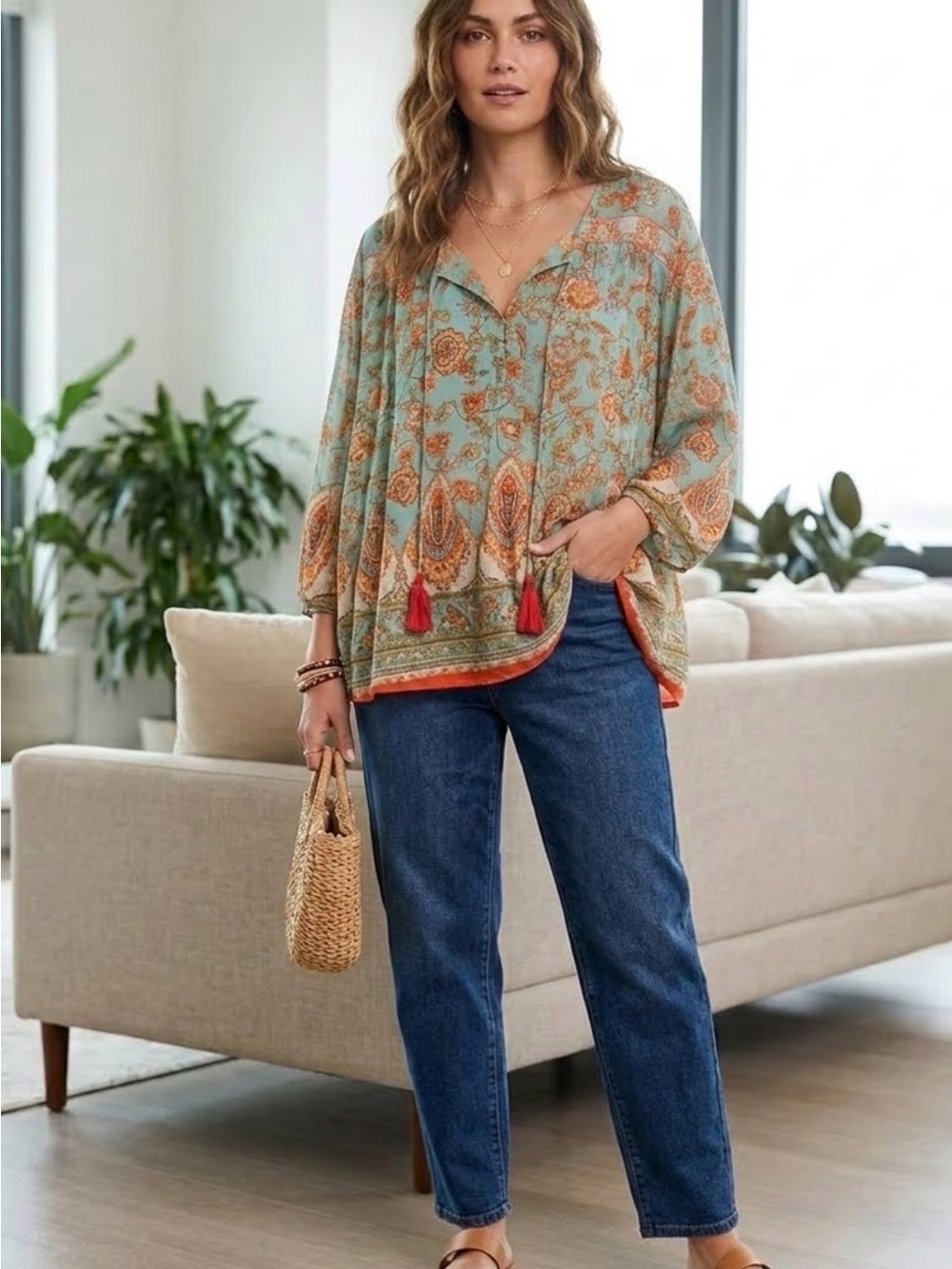 Love Kyla Boho Floral Paisley Blouse Turquoise Orange Tassels XL 0408